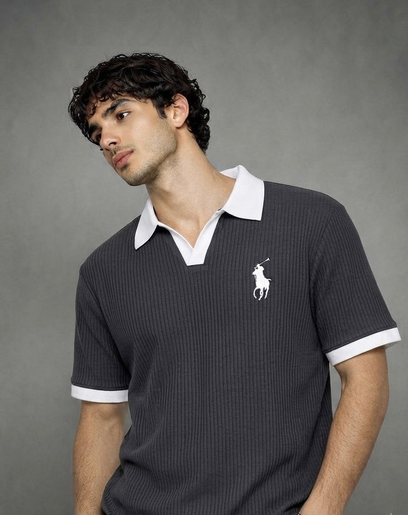 Rib Knit Polo - Gray